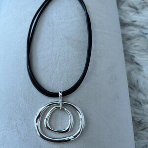 Silver Modernist Double-Oval Pendant Necklace on Black Cord — Sculptural